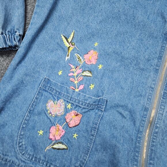 VTG Embroidered Jean Jacket Sz Large Blue Denim Full Zip Passion I Floral Nature - Picture 2 of 7